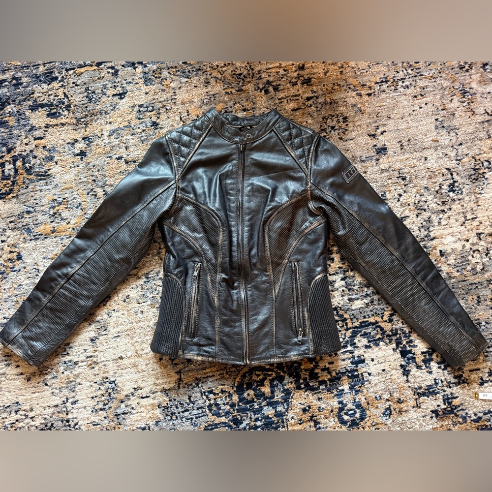 BILT women’s leather motorcycle jacket.